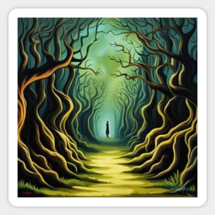 Lone Figure Waits on Magical Fairytale Woodland Path Sticker